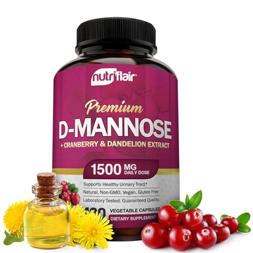 NutriFlair D-Mannose 120 Capsules, 1500mg - with Cranberry and Dandelion Extract - Natural Urinary Tract Health UTI Support - Best D Mannose Powder -