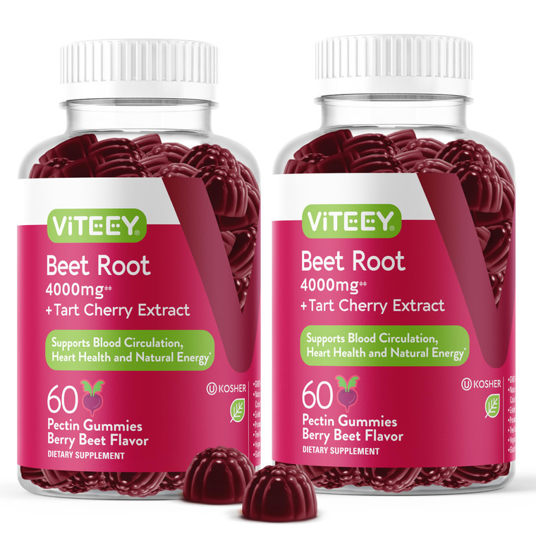 Viteey Beet Root Gummies with Tart Cherry - Beetroot Supplement for Heart Health, Blood Pressure Support - Vegan, Gluten-Free - 120 Count