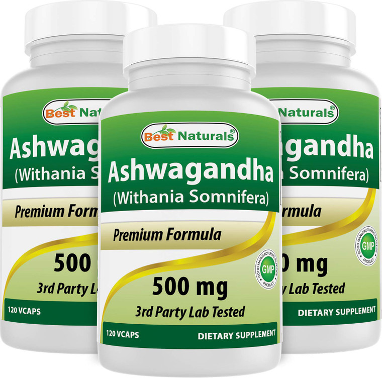 Best Naturals 3 Pack Ashwagandha Capsules for Relaxing Stress and Mood, 500 mg, 120 Count (Total 360 Capsules)