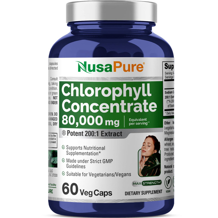 NusaPure Chlorophyll 200:1 Extract, 400 mg Equivalent to 80,000mg 60 Veggie Caps (Equivalent 80000mg per Serving, Non-GMO, Vegan) Sodium Copper Chlor