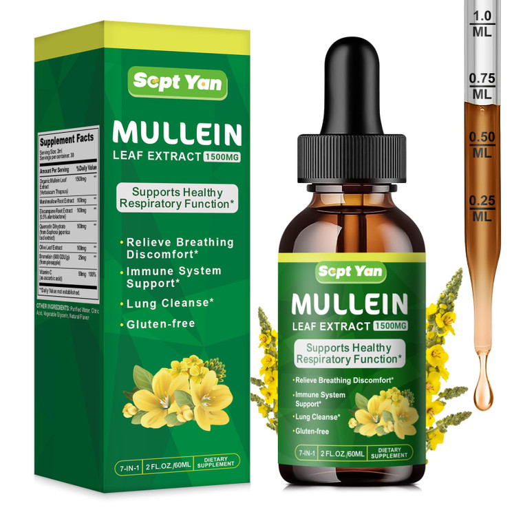 Mullein Drops for Lungs - 1500mg Mullein Leaf Extract Liquid Organic Herbal Supplement Support Lung Detox & Cleanse, Immune, Respiratory Function for