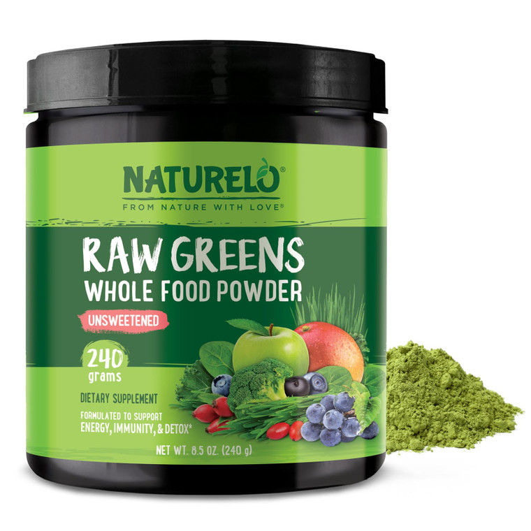 NATURELO Raw Greens Superfood Powder - Unsweetened - Boost Energy, Detox, Enhance Health - Organic Spirulina - Wheat Grass - Whole Food Nutrition fro