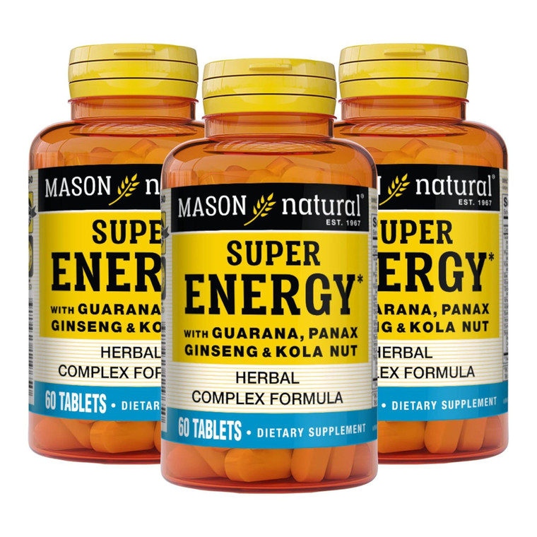 MASON NATURAL Super Energy, Made with Guarana, Panax Ginseng & Kola Nut for Optimal Performance & Energy, 90 Day Supply, 60 Tablets (Pack of 3)