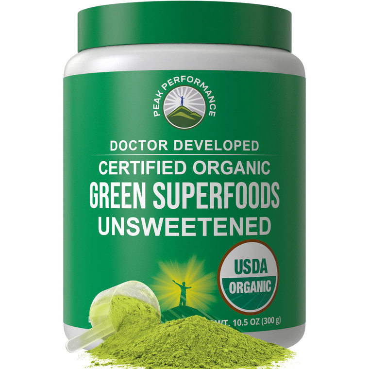 Peak Performance Unsweetened Organic Greens Superfood Powder. Super Greens Powder with 25+ Organic Ingredients for Max Energy and Athletic Performanc