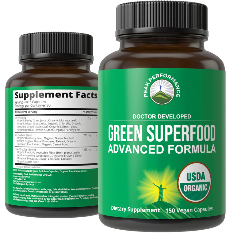Organic Super Greens 150 Capsules - Green Juice Superfood Supplement with 25 All Natural Organic Ingredients. Max Energy and Detox Super Food Pills w