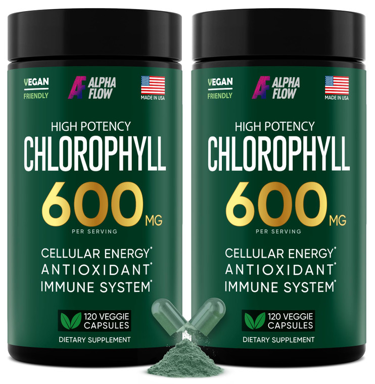 Alpha Flow [2 Pack] Chlorophyll Capsules 600mg - Chlorophyll Supplement for Energy & Skin - Internal Deodorant for Women & Men - Alternative to Liqui