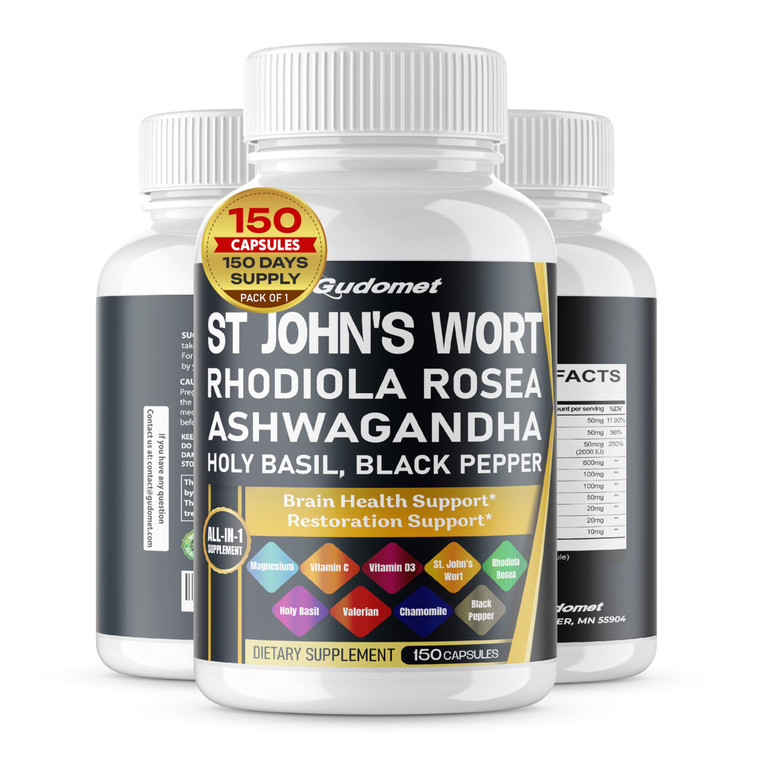 GUDOMET St. John's Wort Rhodiola Rosea Ashwagandha Holy Basil Valerian Chamomile Black Pepper -150 Capsules