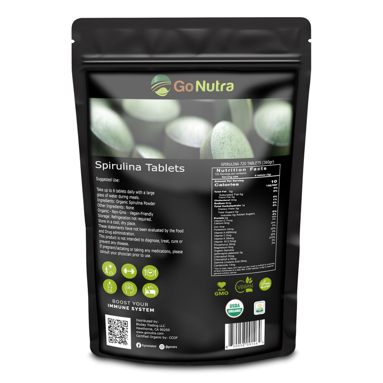 Go Nutra Organic Spirulina Tablets | Nutrient Dense Organic Spirulina Superfood | Protein, Vitamins, Minerals, Fibers, Amino Acids | No Fillers, Non-