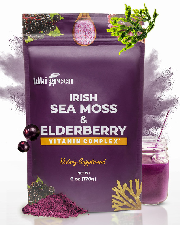 KIKI Green Sea Moss Powder with Elderberry - Vegan Superfood Multivitamin Blend - for Immune Boost and Support - Add to Smoothies, Juice, 6 oz