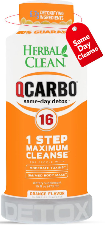 Herbal Clean Qcarbo16 Same-Day Detox Cleanse Drink (16 fl oz) - Orange Flavor Full Body Cleanse* Detox Drink for Moderate Toxin Level*, Vitamin B2 an