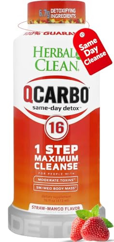 Herbal Clean Qcarbo16 Same-Day Detox Cleanse Drink (16 fl oz) - Strawberry Mango Flavor Full Body Cleanse* Detox Drink for Moderate Toxin Level*, Vit