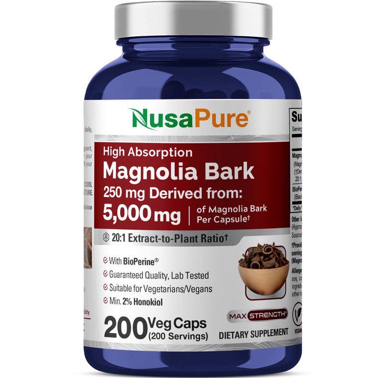 NusaPure Magnolia Bark 20:1 Extract, 250 mg Equivalent to 5,000 mg 200 Vegan Vegetarian Capsules Non-GMO