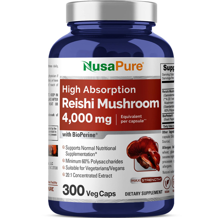 NusaPure Reishi Mushroom Extract 20:1 Extract, 200 mg Equivalent to 4000mg per Capsule 300 Veggie Caps Vegan, Non-GMO, Vegan