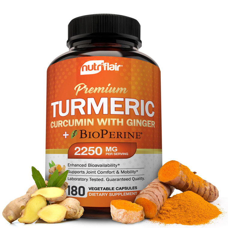 NutriFlair Turmeric Curcumin with Ginger and BioPerine Black Pepper Supplements, 180 Capsules - 95% Curcuminoids - Joint Support, Antioxidant, Anti A