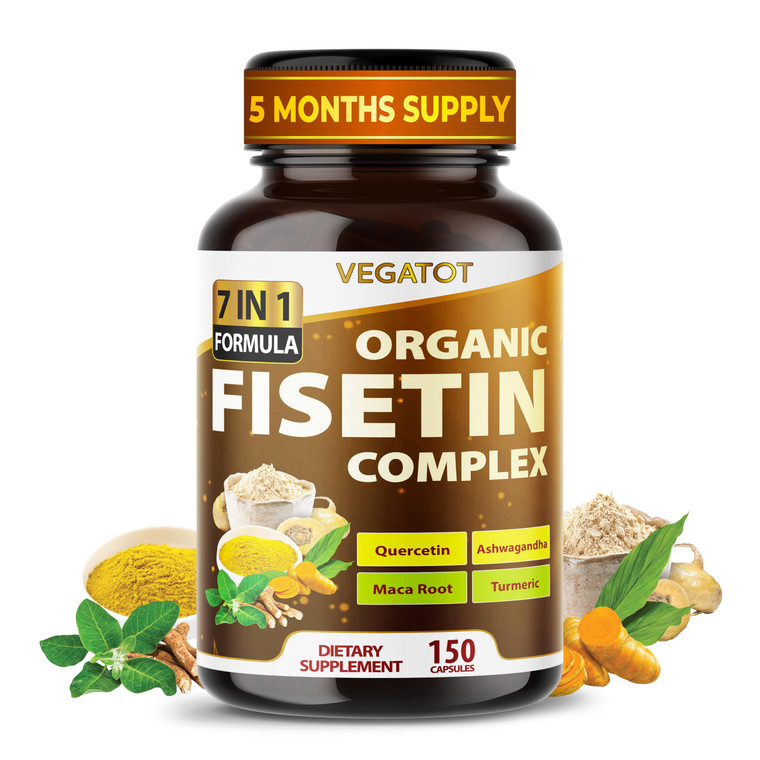 VEGATOT Organic Fisetin Complex 7-in-1 Formula | with Quercetin, Resveratrol, Ashwagandha, Maca Root, Turmeric, Black Pepper | 150 Capsules | Non-GMO