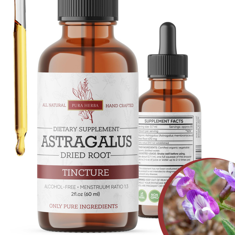 Pura Herba Organic Astragalus Tincture - Premium Astragalus Root Extract for Immune Support - Alcohol-Free, Sugar-Free, Vegan - High Potency Liquid S