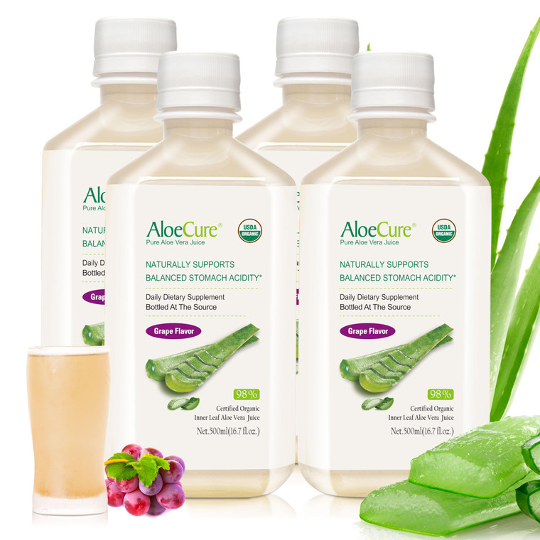 AloeCure USDA Organic Aloe Vera Juice Grape Flavor, Made Within 12 Hours of Harvest - Pure Aloe Vera Digestive & Immune Health Supplement, Helps Main