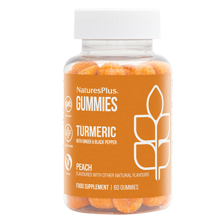 NaturesPlus Gummies Turmeric Curcumin - 60 Gummies, Peach - Supports Joint, Digestive & Cardiovascular Health - Vegan, Gluten Free, Non-GMO - 30 Serv