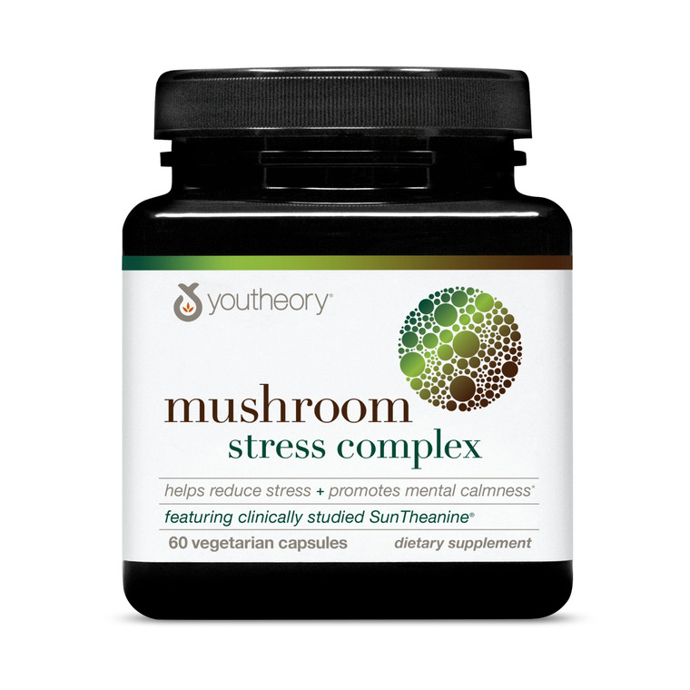 Youtheory Mushroom Stress Complex, Organic Full-Spectrum Mushrrom with L-Theanine, Help Reduce Stress and Promotes Mental Calmness, 60 Vegetarian Cap