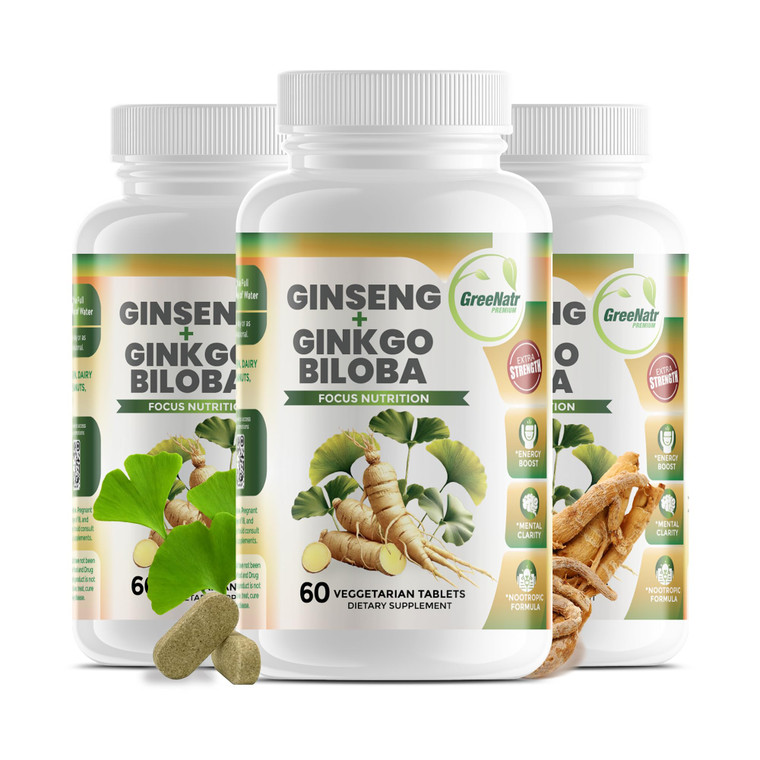 GreeNatr Ginko Biloba & Panax Ginseng Supplement - Red Ginseng Brain Supplement for Memory and Focus - Ginkgo Biloba Supplements for Good Vision, Imm