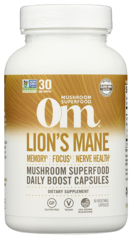 Om Mushroom Superfood Lion's Mane Mushroom Capsules Supplement, Fruit Body & Mycelium Nootropic for Memory Support, Focus, Clarity, Nerve Health, Cre
