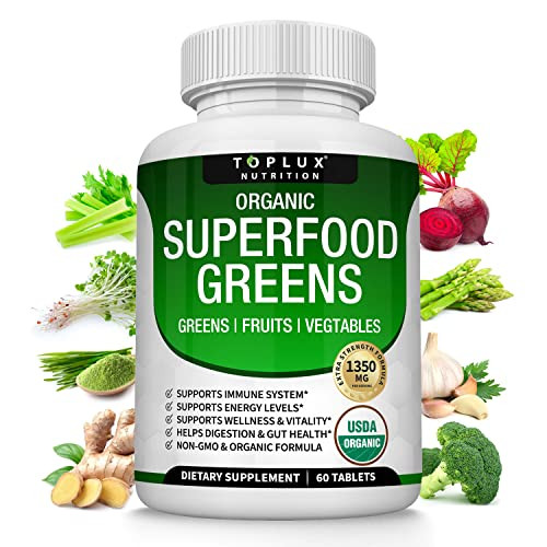Organic Super Greens Capsules Superfood Fruit Veggie Supplement - 28 Powerful Natural Ingredients with Alfalfa, Beet Root, Tart Cherry & Ginger for I