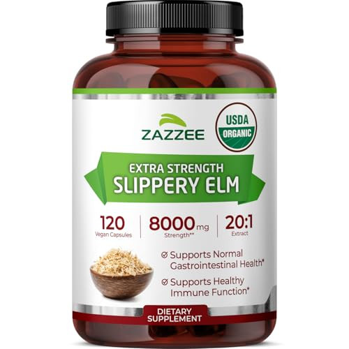 Zazzee USDA Organic Slippery Elm Bark 20:1 Extract, 8000 mg Strength, 120 Vegan Capsules, 4 Month Supply, Standardized, Concentrated 20X Extract, 100