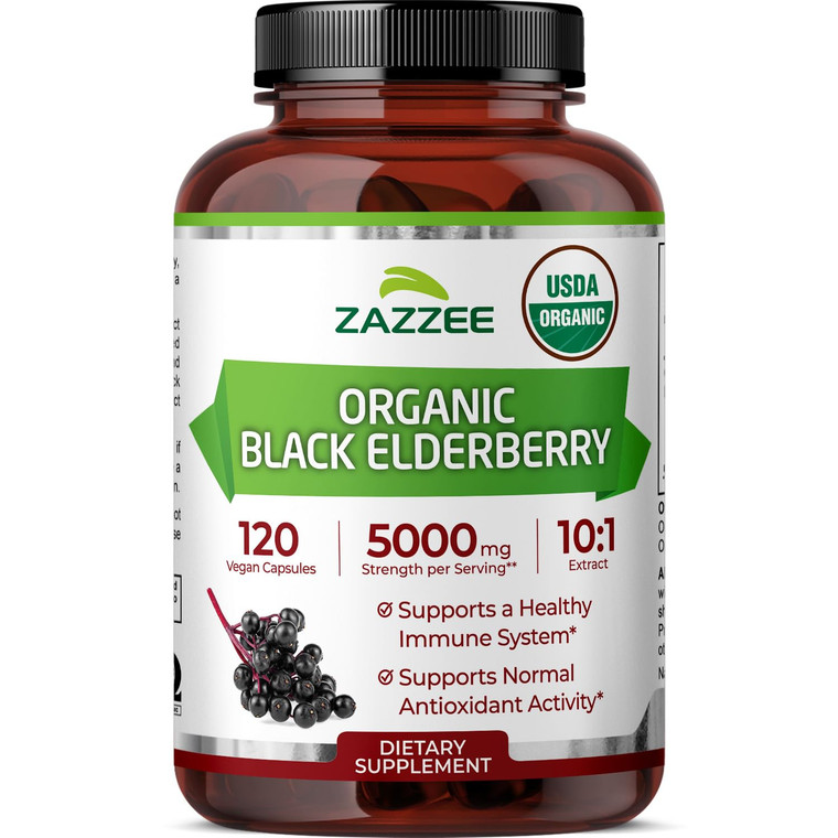 Zazzee USDA Organic Black Elderberry 10:1 Extract, 5000 mg Strength, 120 Vegan Capsules, 2 Month Supply, Standardized, Concentrated 10X Extract, 100%