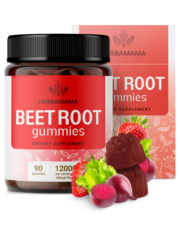 HERBAMAMA Beet Root Gummies - 12000mg Red Beets with Black Pepper Extract for Overall Support - Vegan, Non-GMO Antioxidant Supplement - 90 Pectin-Bas