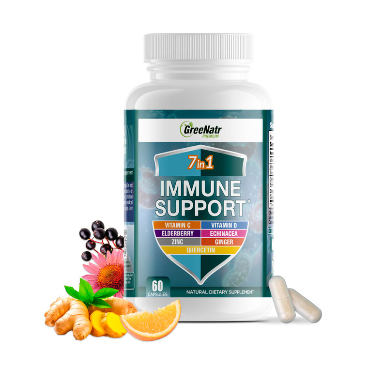 GreeNatr Immune Support Supplement with Vitamin C, D3, Zinc 50mg, Quercetin, Echinacea Purpurea, Sambucus Elderberry and Ginger for Complete Immune D