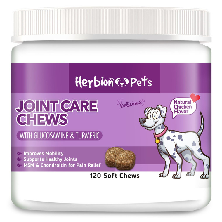 HERBION Pets Joint Care Chews with Glucosamine & Turmeric, 120 Soft Chews, MSM & Chondroitin for Pain Relief, Improves Mobility, Supports Healthy Joi