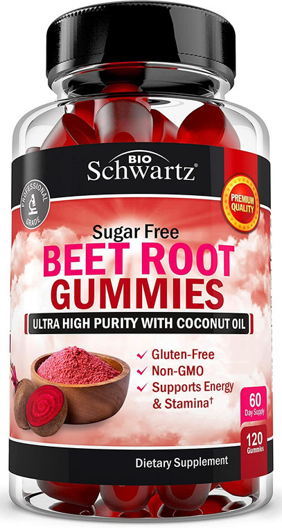 Sugar Free Beet Root Gummies - Nitric Oxide Gummies Infused with Coconut Oil for Highest Absorption - Supports Energy & Whole Body Health - Delicious
