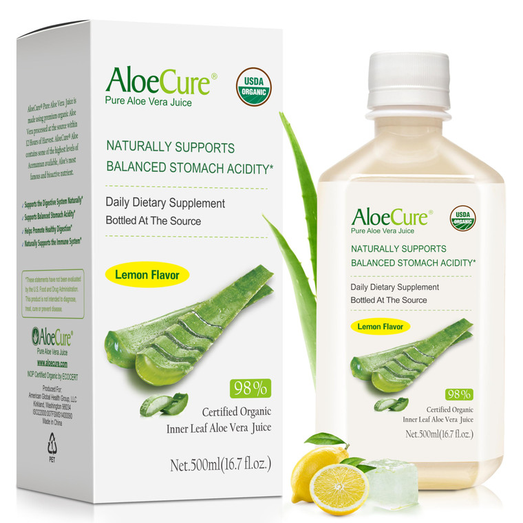 AloeCure USDA Organic Aloe Vera Juice Lemon Flavor - Made Within 12 Hours of Harvest - Natural Digestive Supplement for Balanced Stomach Acidity - Su