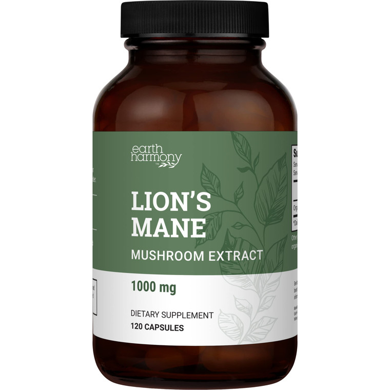 Earth Harmony Naturals Organic Lions Mane Supplement (1000mg), 2-Month Supply Lion's Mane Mushroom Supplement Extract to Support Focus, Memory (120 C