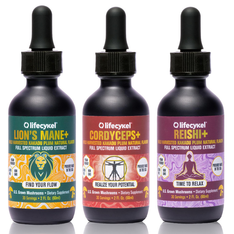 Life Cykel Professional Athletes Pack - Reishi, Lion's Mane & Cordyceps Mushroom Extract- Full-Spectrum Mushroom Tincture for Energy, Focus and Immun