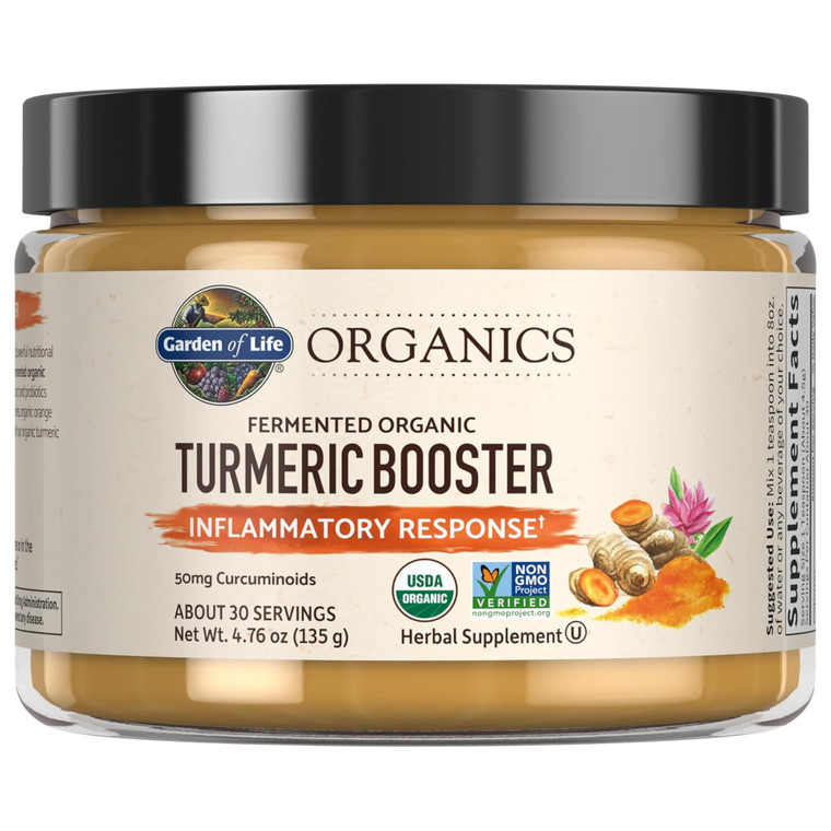Garden of Life Organics Turmeric Booster Inflammatory Response Powder - 30 Servings, 50mg Curcumin (95% Curcuminoids) & Probiotics, Organic Non-GMO V