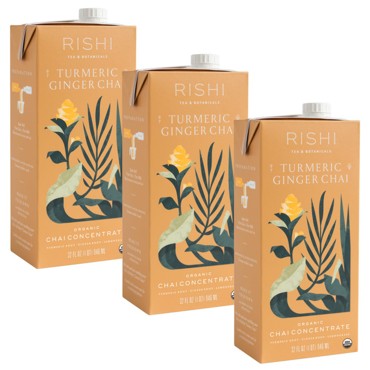 Rishi Tea Turmeric Ginger Chai Latte - Organic Herbal Tea Concentrate with Ginger, Easy-to-Serve Hot or Iced Caffeine Free Chai Mix - 32 oz Carton, 8