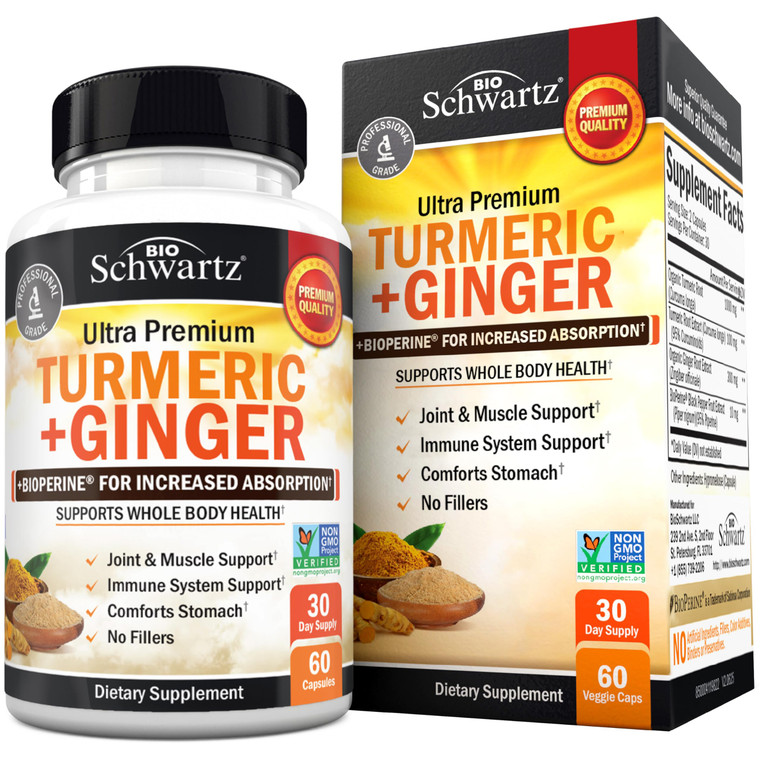 Turmeric Curcumin and Ginger Supplement - 95% Standardized Curcuminoids with BioPerine Black Pepper Extract for Ultra High Absorption - Natural Joint