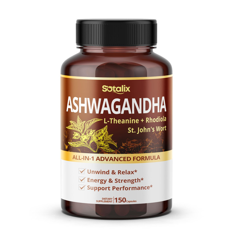 SOTALIX Supplement Ashwagandha All-in-1 Advanced Formula with L-Theanine, Rhodiola, St. John's Wort for Unwind & Relax & Strength (150 Count (Pack of