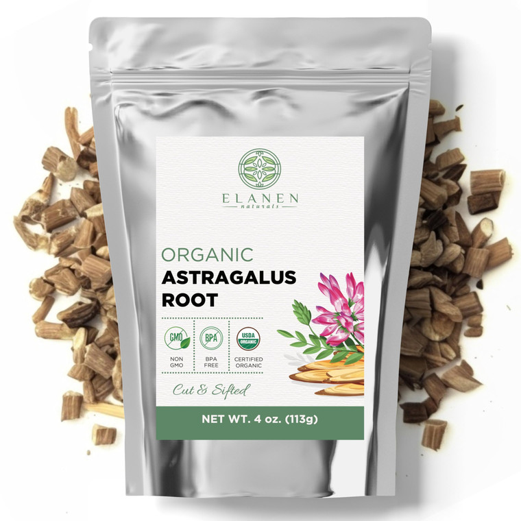 Elanen Naturals Organic Astragalus Root 4 oz. (113g), USDA Certified Organic Astragalus Membranaceus Dried Root Tea, Huang Qi, Cut & Sifted