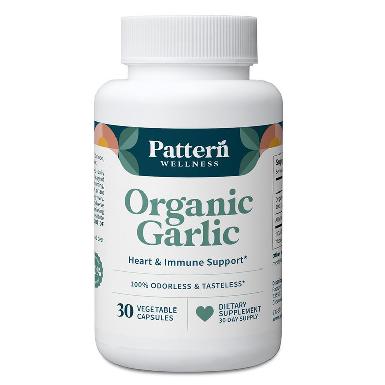 Pattern Wellness Odorless Organic Garlic - 1000mg - Supports Circulatory & Immune Health - Non-GMO, Gluten Free, Vegan - 30 Capsules