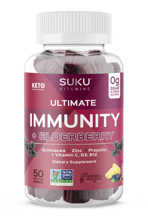 SUKU Vitamins - Ultimate Immunity - Elderberry Echinacea and Propolis Gummies for Immune Support, Easy to Chew - Non GMO, Gluten Sugar Free - Pomegra