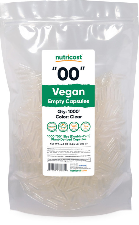 Nutricost Empty Capsules Size 00 Vegan - 1,000 Clear Empty Plant-Based Capsules - Kosher Certified, Halal Certified, Non-GMO, Soy Free, Gluten Free,