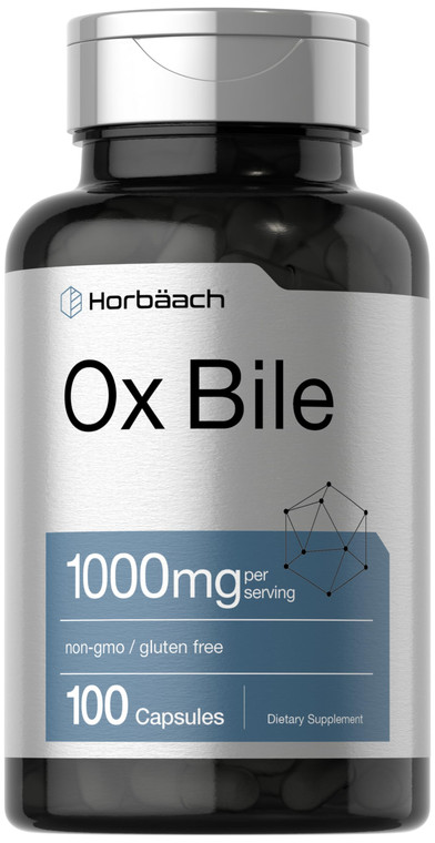 Horbäach Ox Bile Supplement | 1000mg | 100 Capsules | Digestive Enzymes Supplement | Non-GMO & Gluten Free