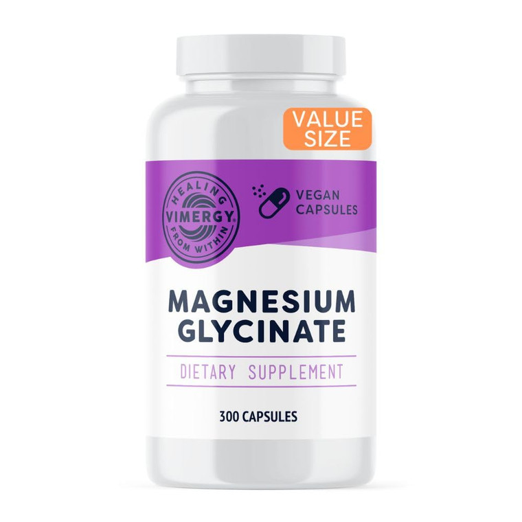 VIMERGY Magnesium Glycinate  Stress Support  Chelated to Avoid Tummy Upset* Promotes Heart Health & Energy* Kosher, Vegan Gluten-Free  300 Caps