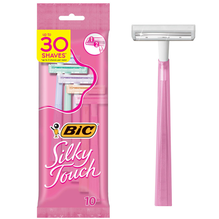 BIC Silky Touch Women's Disposable 2 Blade Razors, Pretty Pastel Handles and Travel Ready, 10-Pack
