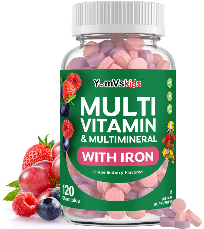 YumVs Kids Multivitamin with Iron & Minerals Chewable Tablets  Grape & Berry Flavor Vitamins for Toddlers & Children Age 2+  Daily Multivitamin for