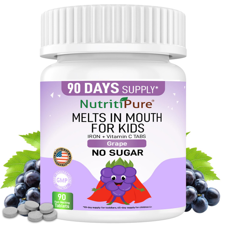 NutritiPure Kids Chewable Iron Supplement, Ferronyl® Carbonyl Iron 9 mg, Vitamin C 30 mg, Grape Flavor, 90 Tablets (1 Bottle)