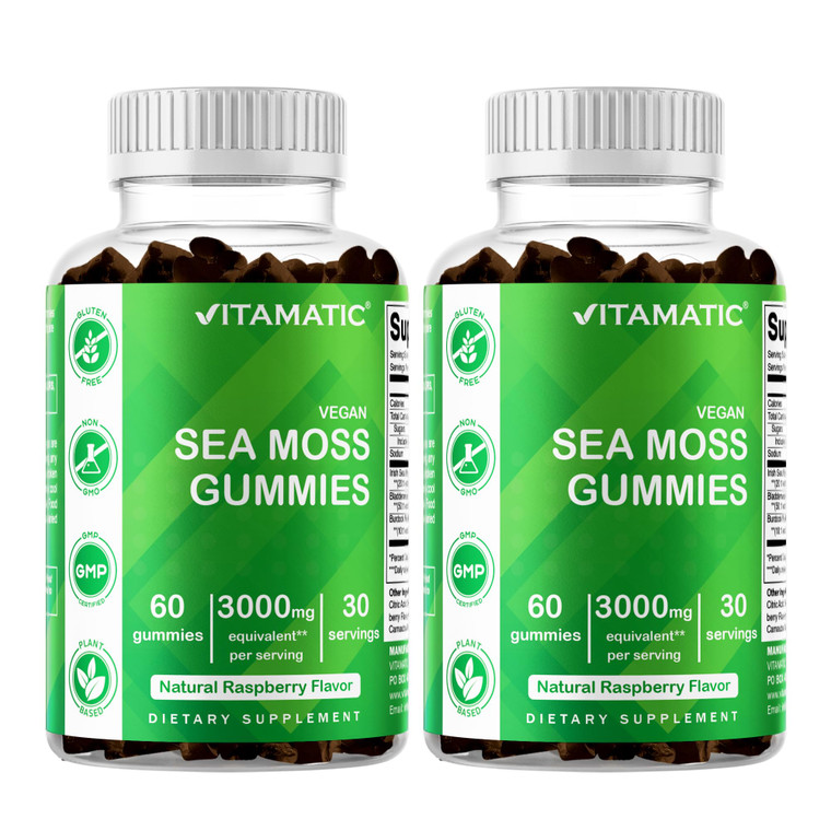 Vitamatic 2 Pack Irish Sea Moss Gummies  3000 mg Equivalent Per Serving  60 Count  Made with Bladderwrack & Burdock Root  Supports Thyroid, Energ