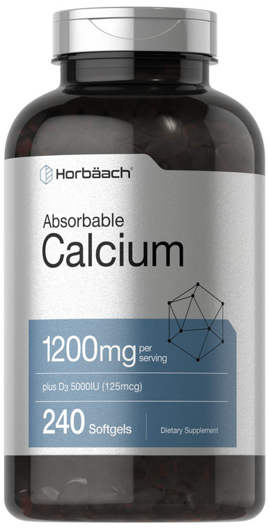 Horbäach Calcium 1200 mg with Vitamin D3 | 240 Softgels | 5000 IU Vitamin D3 | Absorbable Calcium Supplement for Women and Men | Non-GMO, Gluten Free